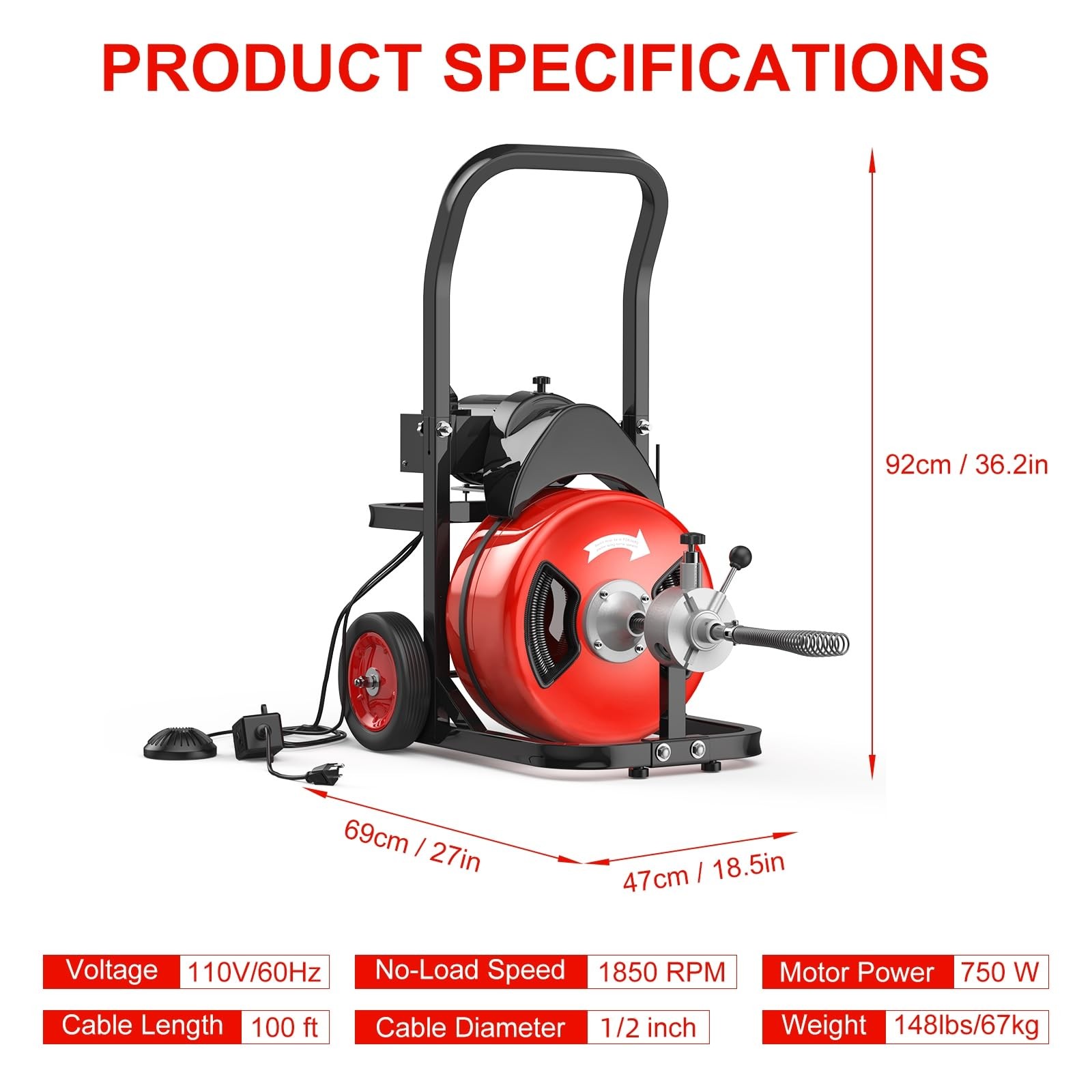 750W Drain Cleaner Machine 100FT Steel Cable 1/2 Inch Electric Portable Sewer