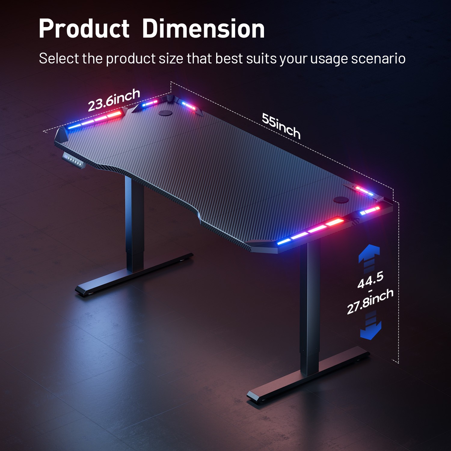 47/55/63 inch Electric Standing Desk with RGB LED Lights, Height Adjustable Desk