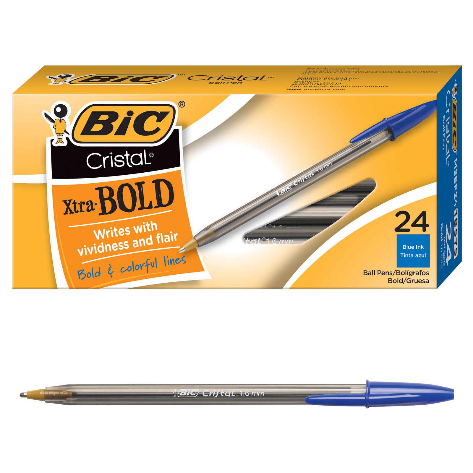 BIC Cristal Xtra Bold Ball Pen, 1.6mm, Blue Ink, 24 Pack