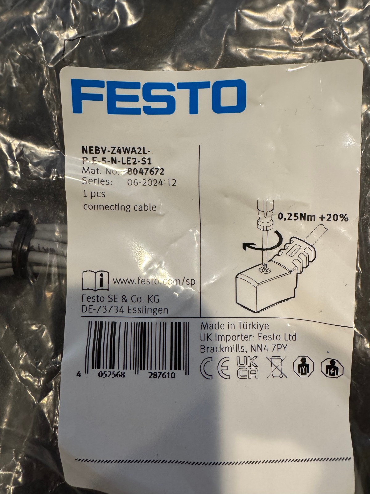 Festo NEBV-Z4WA2L-P-E-5-N-LE2-S1 Cable – Lot of 4 – New – Made in Türkiye