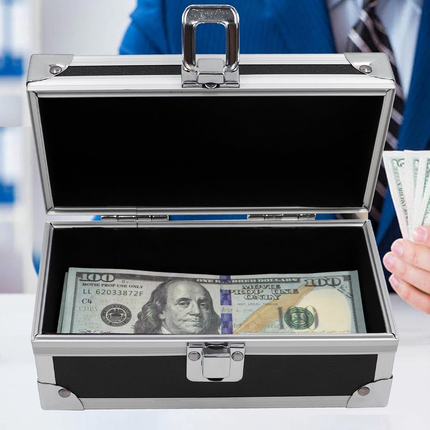 Lockable Cash Box with Key Metal Money Storage Organizer Coin Bill Case