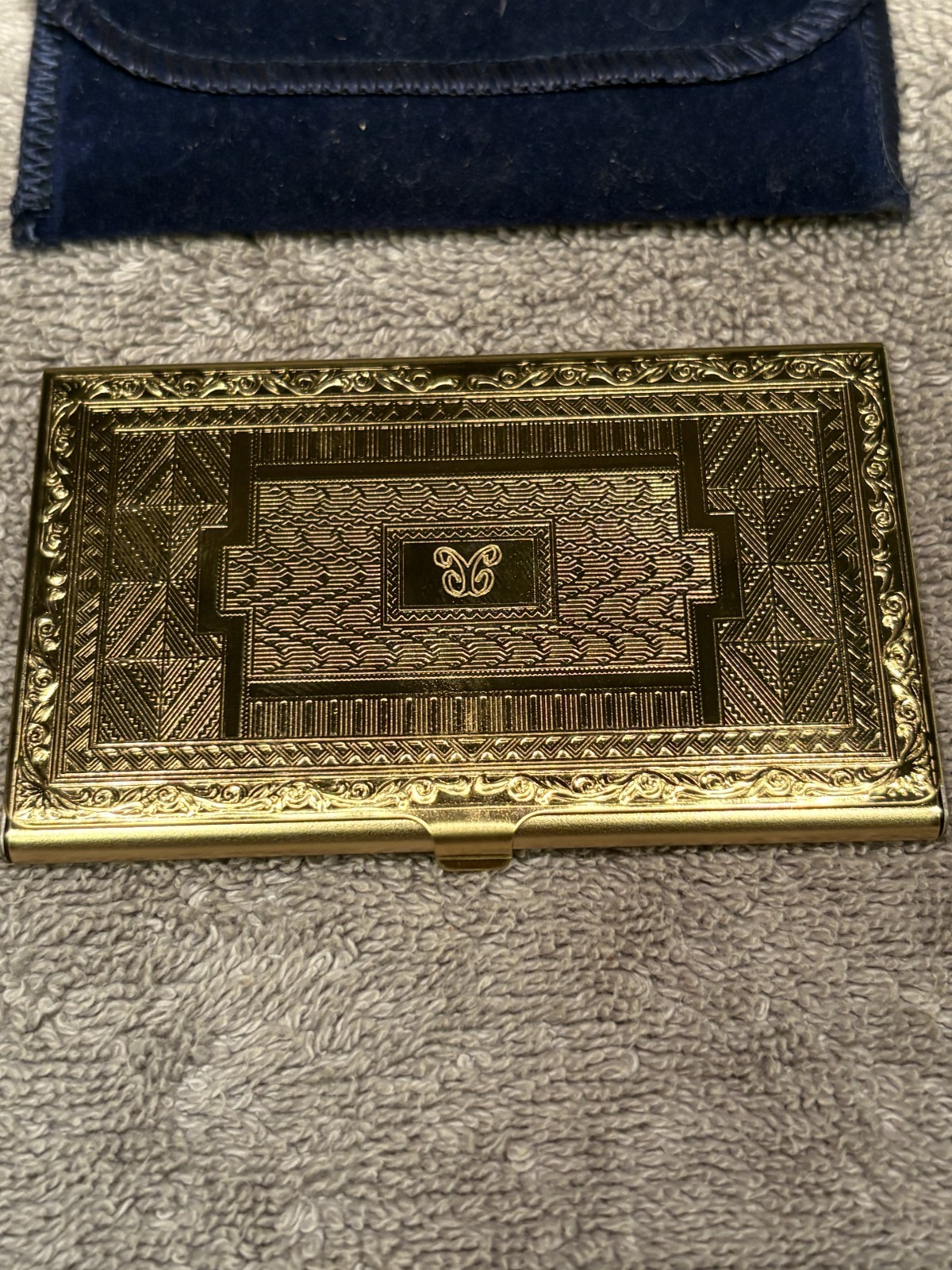 Colesce Couture Gold Tone Metal Business Card Holder Case Etched w/Pouch