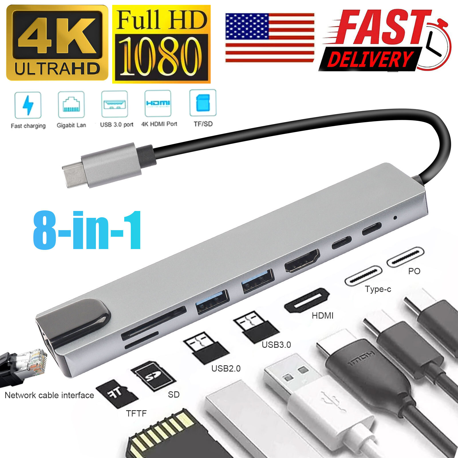 8 in 1 Multiport USB-C Hub Type C To USB 3.0 4K HDMI Adapter For Macbook Laptop