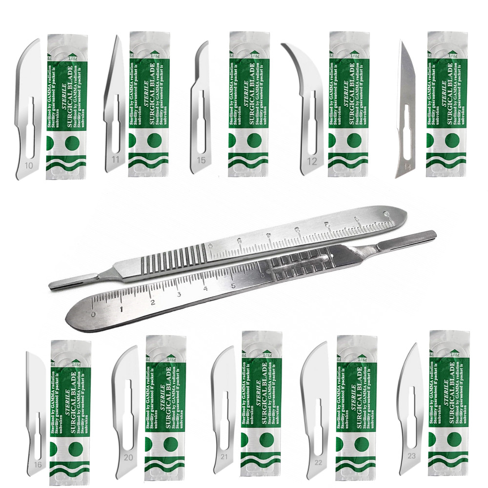 Carbon Steel Scalpel Blades 100 Pcs + Stainless Steel Handle Knives #3 & #4