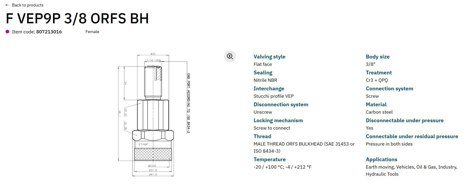 Stucchi Quick Disconnect – VEP Series – F. VEP9P 3/8 ORFS BH – Female Connector