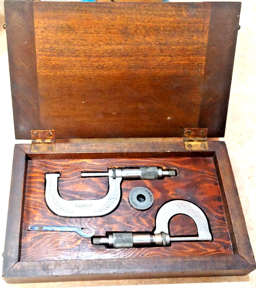 2- L.S. Starrett Micrometers No. 2 & 3, 0-1″ and 1″-2″ Wood box w/standard USA
