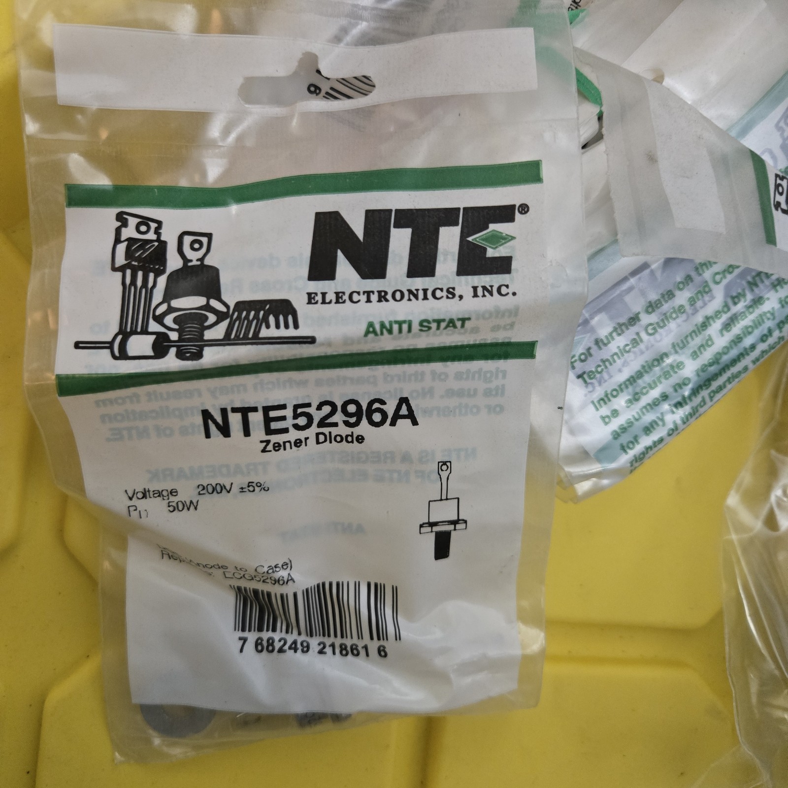 NTE Electronics NTE5296A ZENER DIODE 200.0V 50W DO-5 5% ANODE CASE