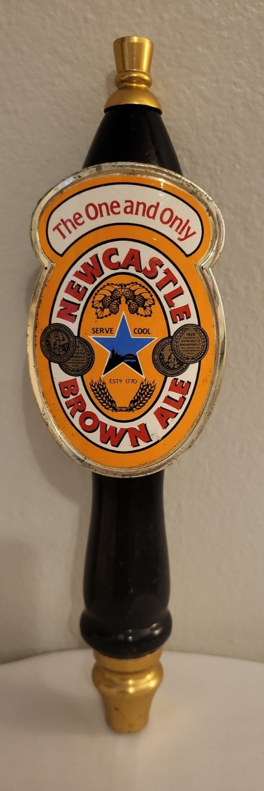 Vtg Newcastle Brown Ale Beer Tap Screw On Handle The One and Only Wood 11.5 IN