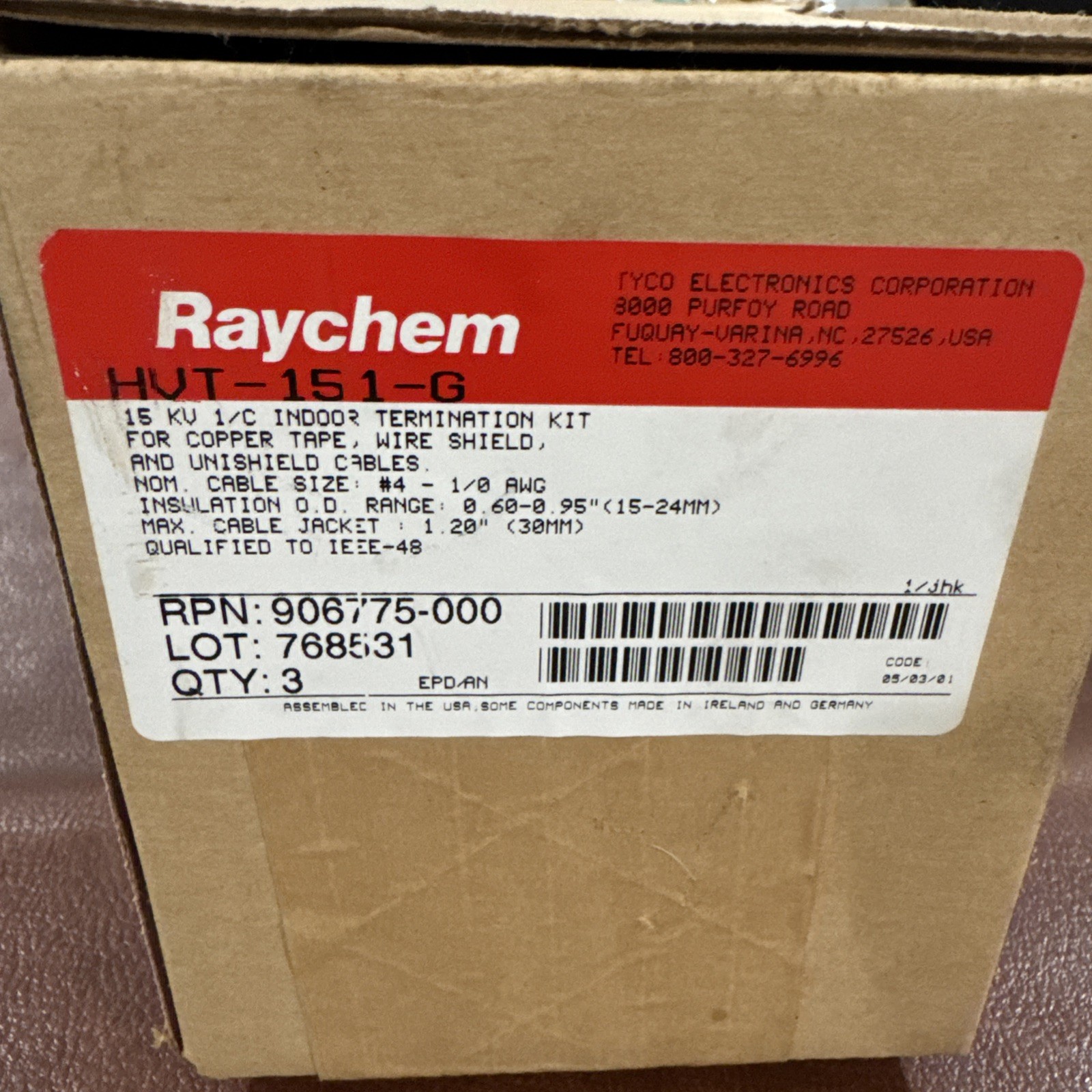 Lot of 3 Raychem HVT-Z-151-G 15KV 1/C Indoor Termination Kit (new)