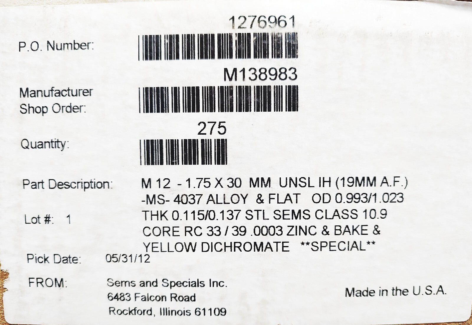 M12-1.75 X 30mm, 4037 Alloy Class 10.9 Sems DIN 933, Yellow Zinc Bolts, 275-QTY
