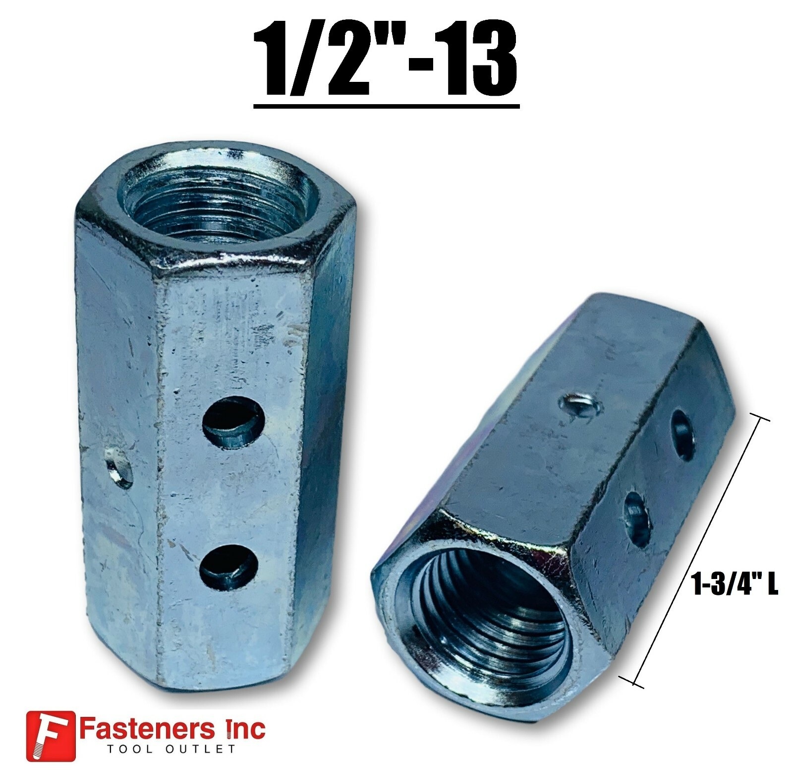 1/2″-13 x W11/16″ x L 1-3/4″ Hex Threaded Rod Coupling Nut Zinc w Witness Holes