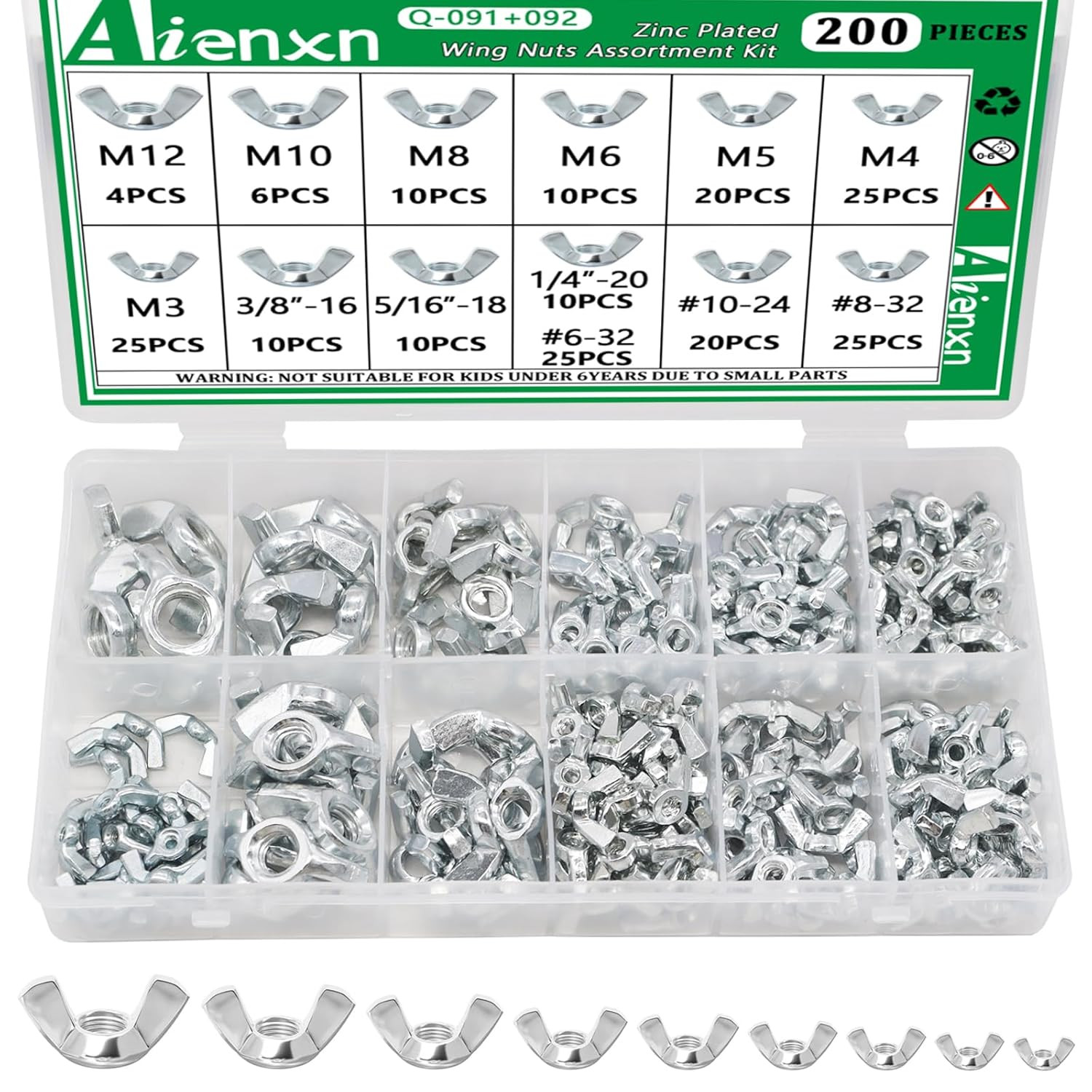 200PCS Wing Nuts Assortment Kit Metric & SAE M3-M12 #6-32 to 3/8-16 Zinc