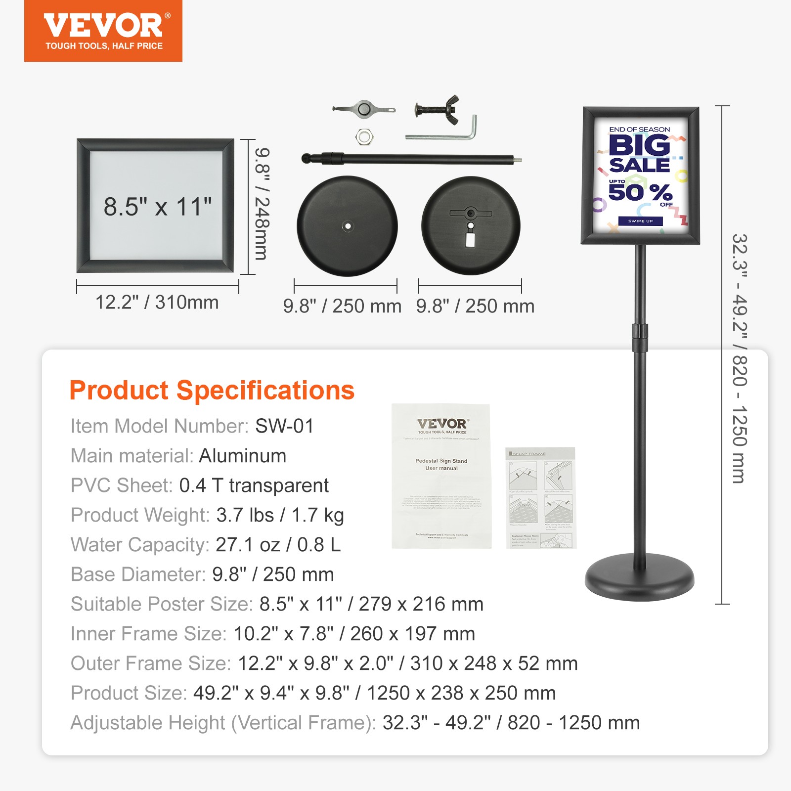 VEVOR Pedestal Sign Holder Adjustable Poster Stand 8.5 x 11 Inch Round Base
