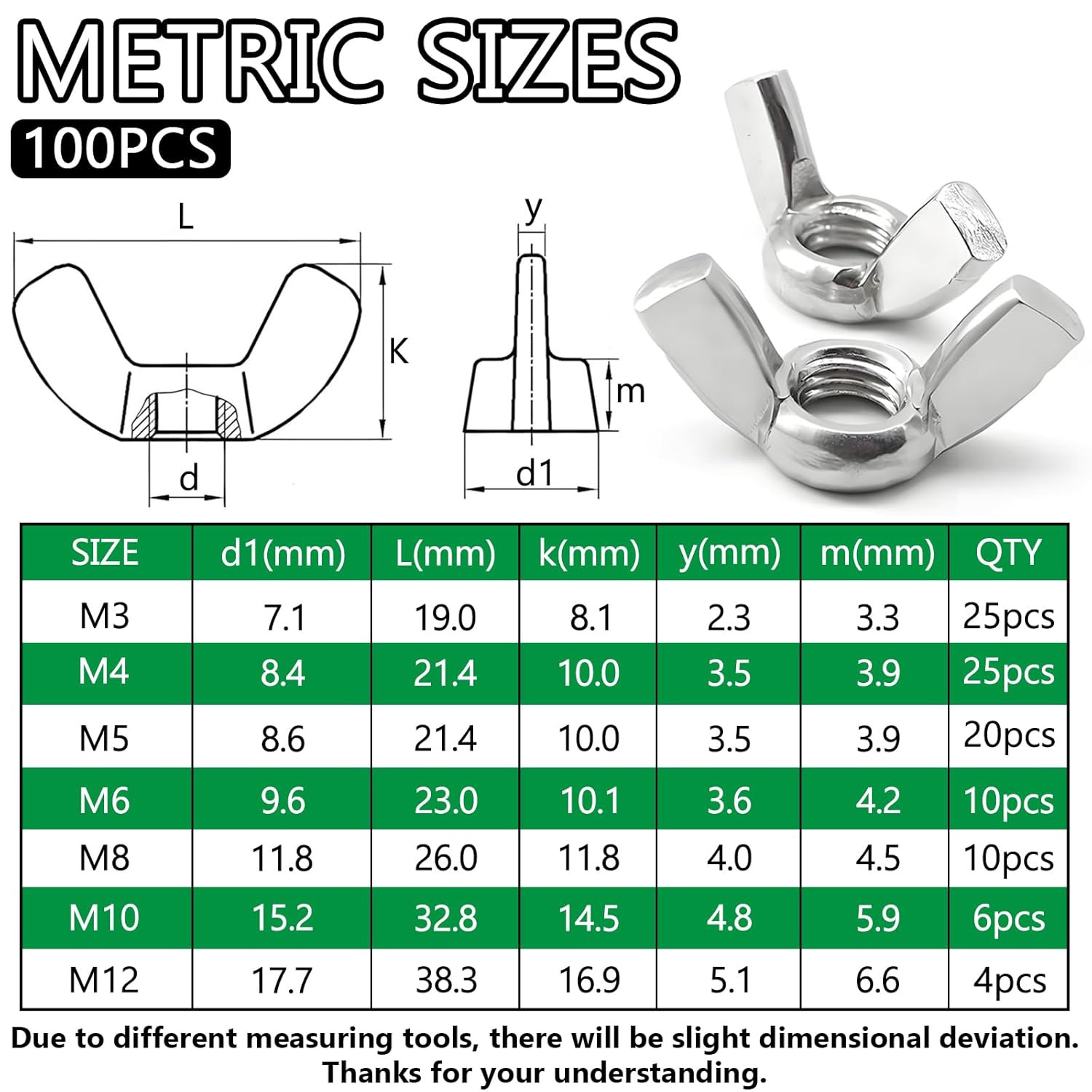 200PCS Wing Nuts Assortment Kit Metric & SAE M3-M12 #6-32 to 3/8-16 Zinc