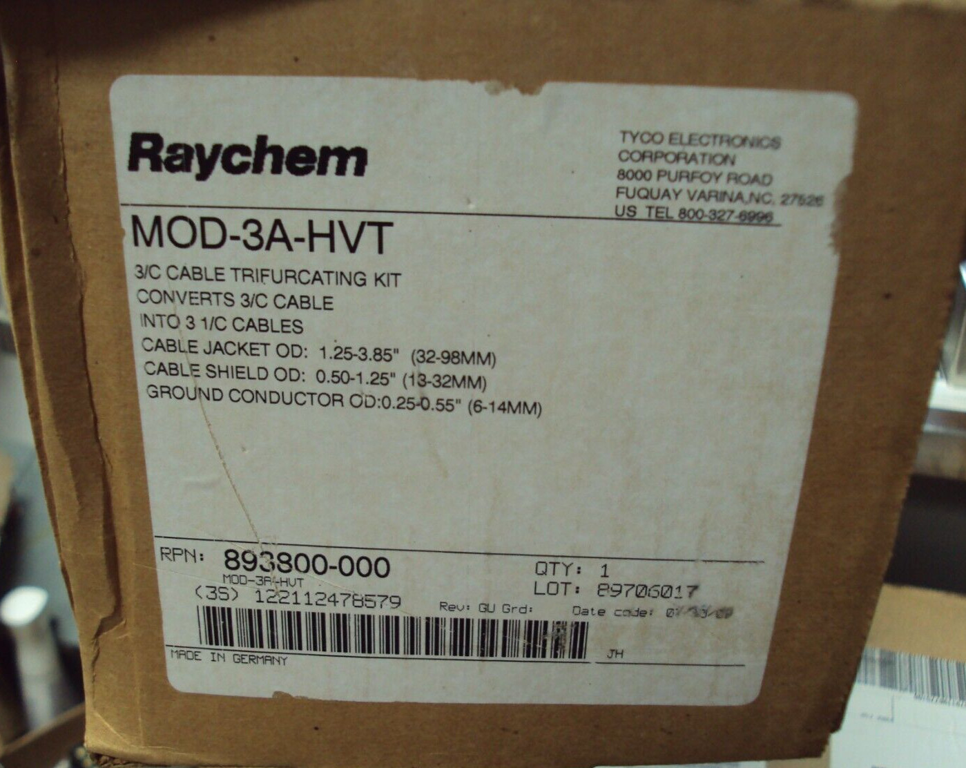 RAYCHEM MOD-3A-HVT P/N 893800-000, 3/C CABLE TRIFURCATING KIT HEAT SHRINK