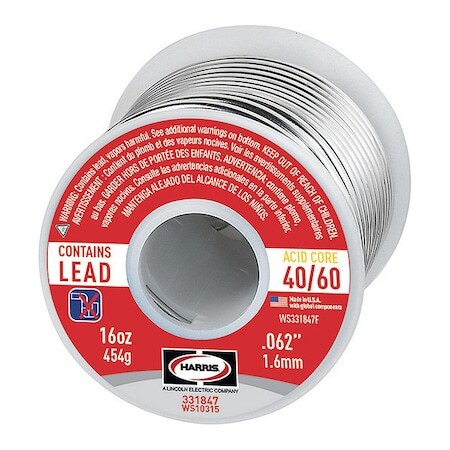 Harris 331847 Leaded Solder,Dia 0.062 In,1Lb