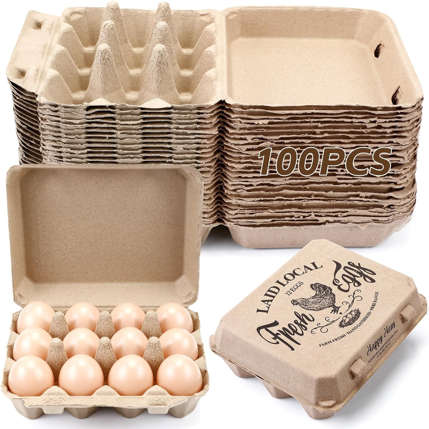 100 Pack Egg Cartons Bulk 3 X 4 Holds 12 Eggs Printed Crate Recycled Cardboard