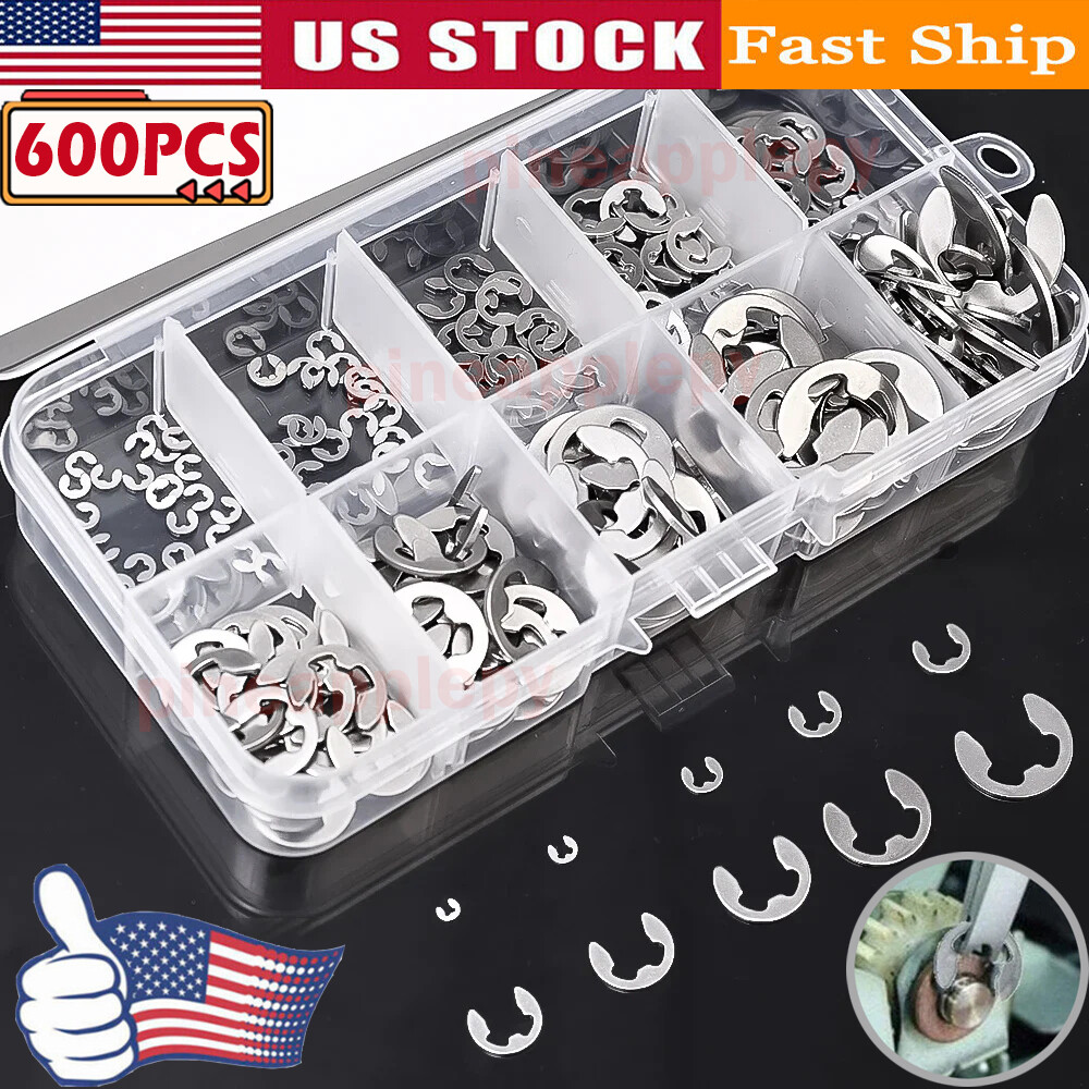 600PCS 304 Stainless Steel E-Clip Circlip External Retaining Ring Assortment Set