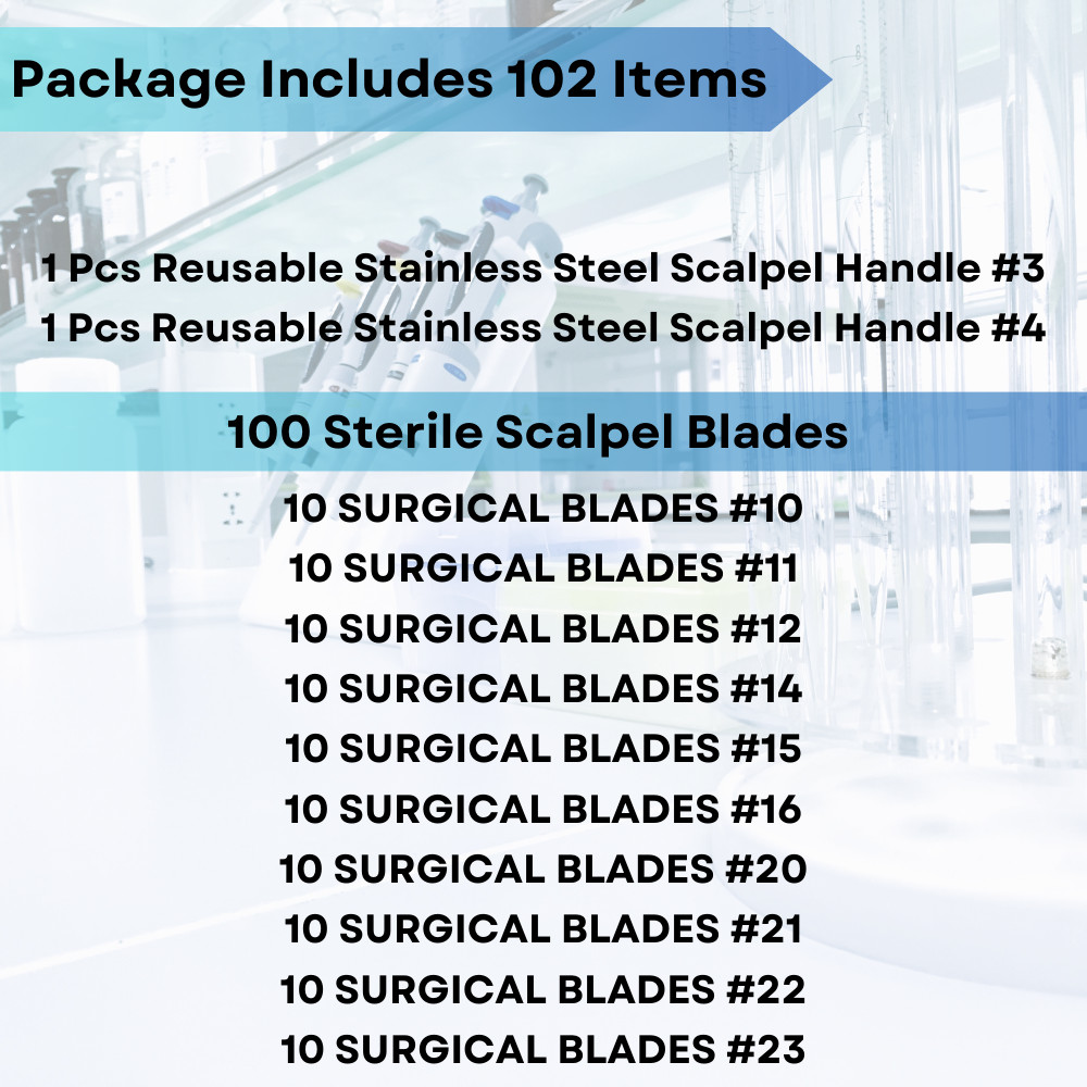 Carbon Steel Scalpel Blades 100 Pcs + Stainless Steel Handle Knives #3 & #4