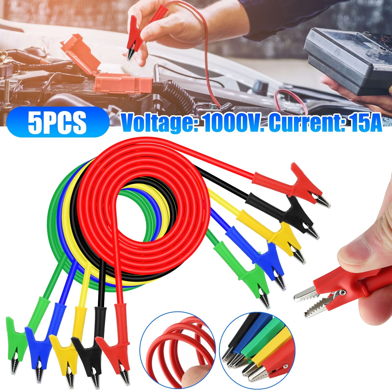 5Pcs 30V 15A Alligator Clips Electrical Test Leads Set Jumper Wires Cables Set
