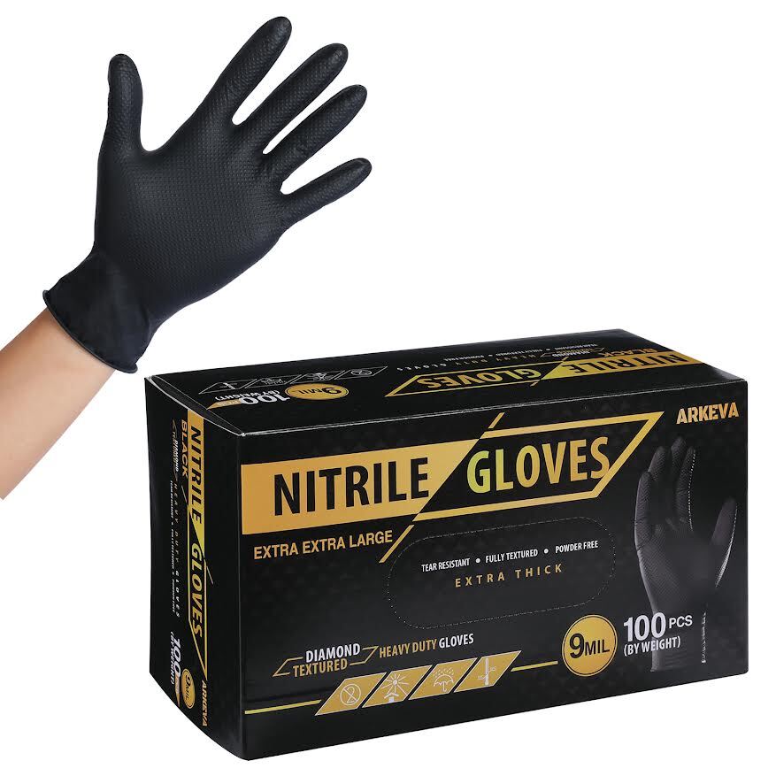 Heavy Duty Black Industrial Nitrile Gloves with Raised Diamond Texture, 9-mil