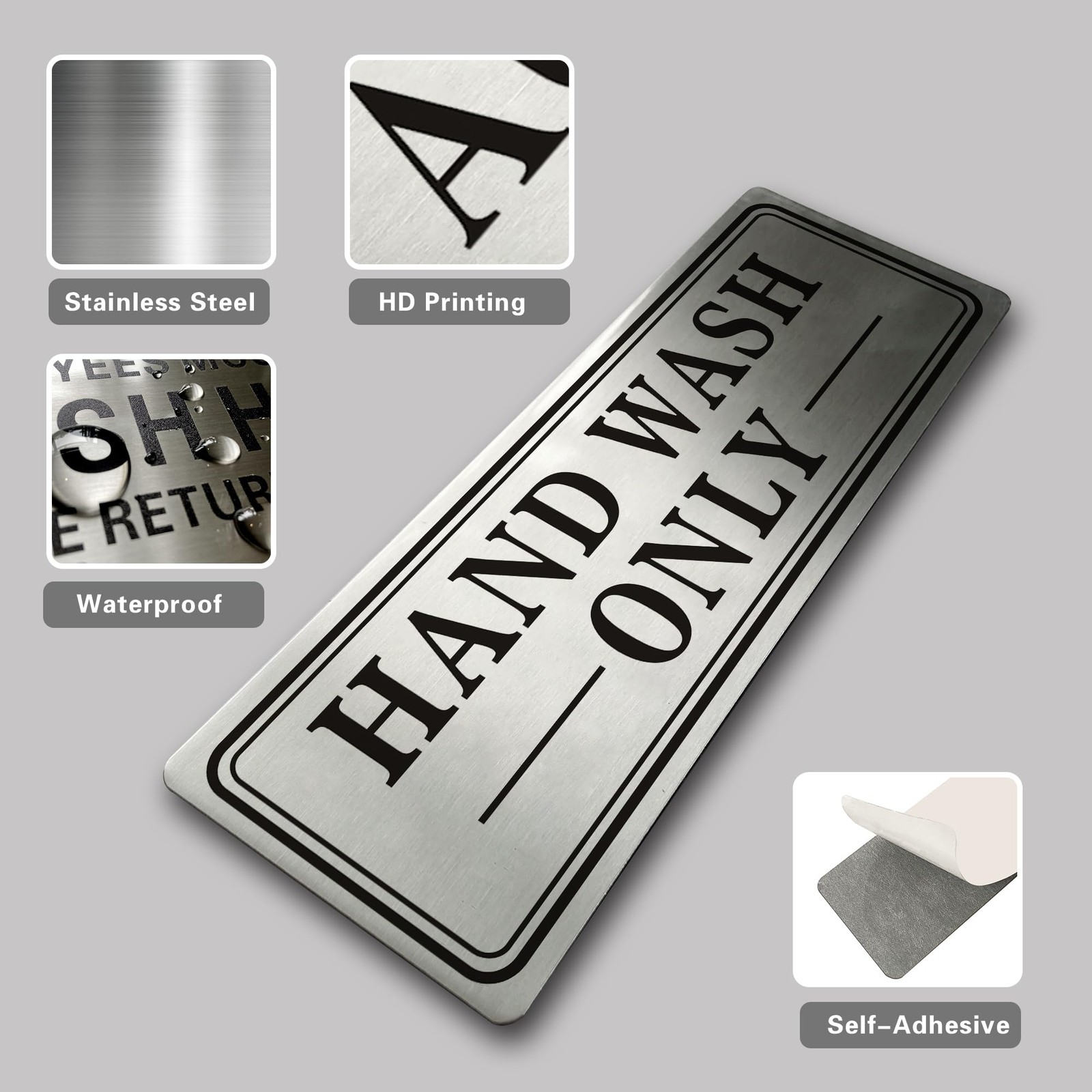 2 PCS Metal Stainless Steel Hand Wash Only Sign Self Adhesive 9×3 Inch