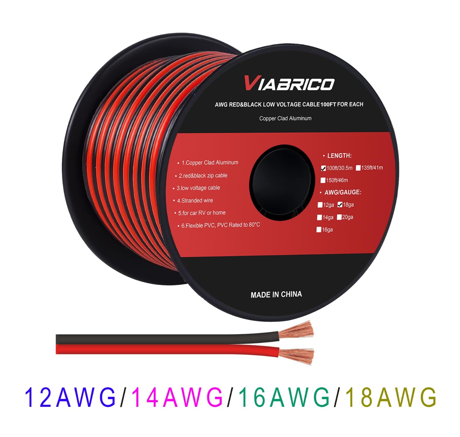 Electrical Wire Cable 2 Conductors Red Black Cable Copper Clad Aluminum 12/24VDC