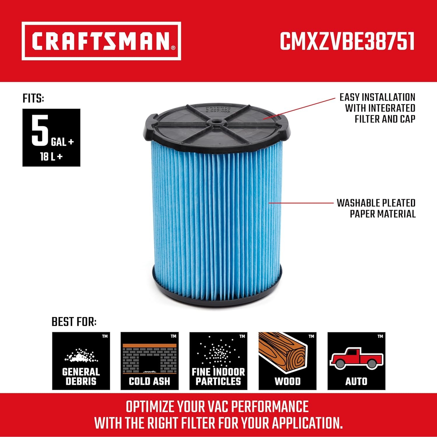 CRAFTSMAN Fine Dust Wet Dry Vac Replacement Vacuum Filter for 5 to 20 Gallon