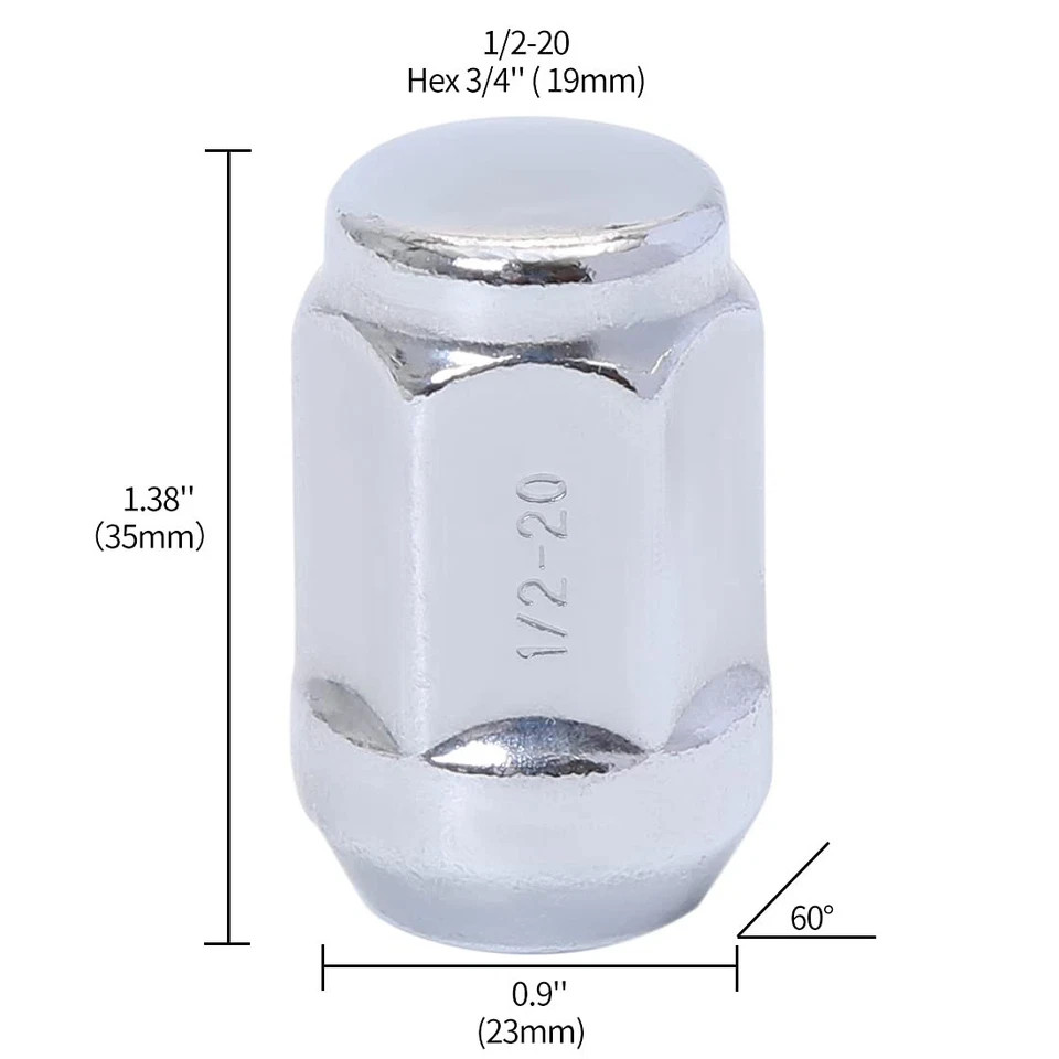 1/2×20 Lug Nuts 1/2-20 Chrome 19mm (3/4″) Hex 1.38″ Long Set of 20 Acorn Lug Nut