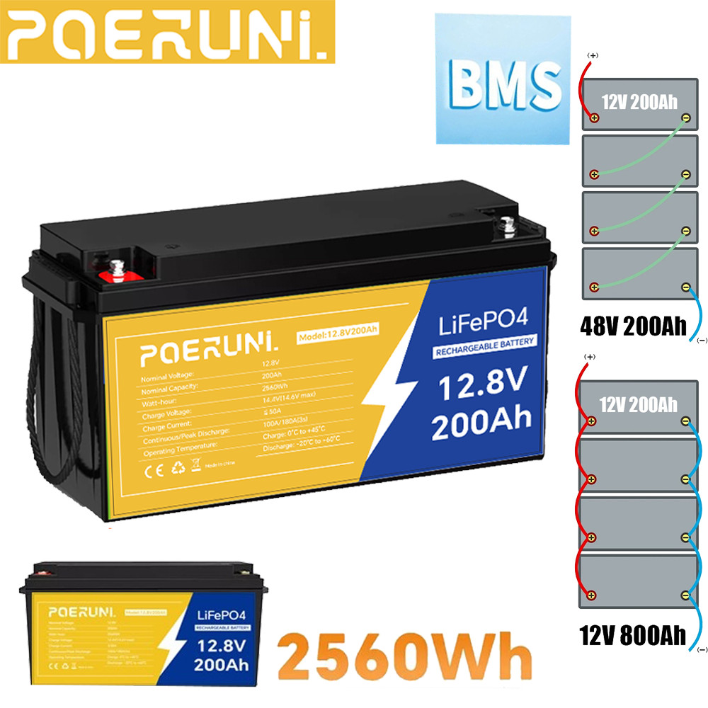 12V 200AH LiFePO4 Lithium Battery BMS 15000+ Cycle for Solar RV Golf cart Motor