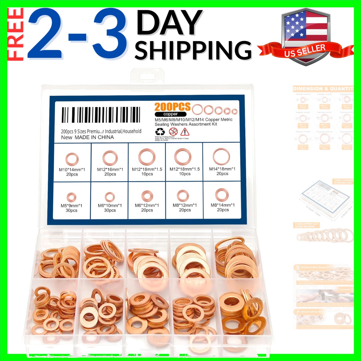 200pcs 9 Sizes Copper Metric Sealing Crush Washers Assortment Kit,Flat Seali…