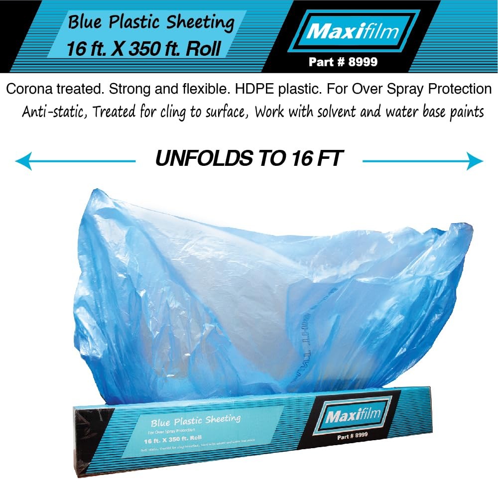 MAXIFILM 16ft x 350ft, 4 Rolls of Blue Overspray Paintable Masking Plastic