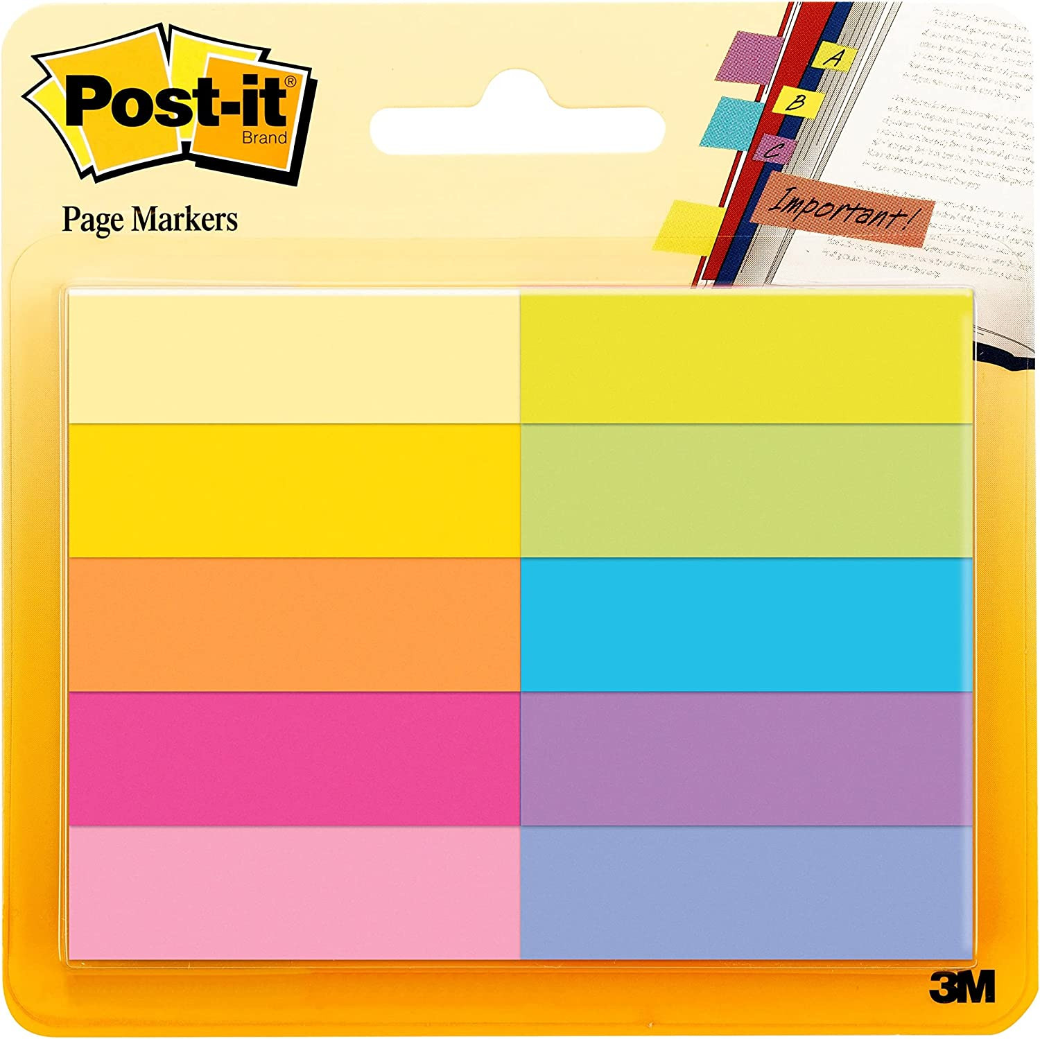 Post-It Page Markers, Assorted Bright Colors, 1/2 in X 2 In, 50 Markers/Pad, 10