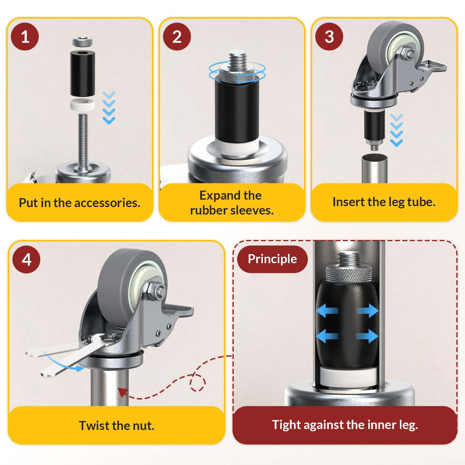 Caster Wheels Locking 3 Inch Expanding Stem Casters, Threaded Swivel Casters Set