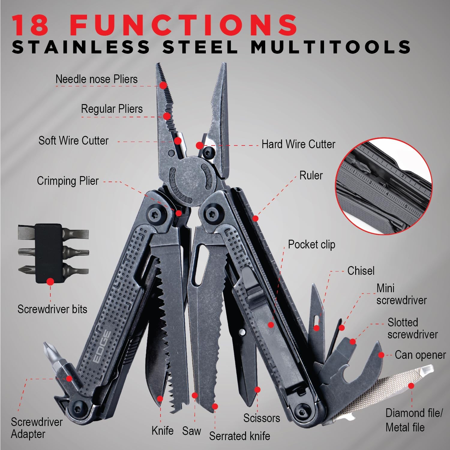 EDGE Multi-Tool Pliers, 14-in-1 Stainless Steel Multitool with Knife, Saw,