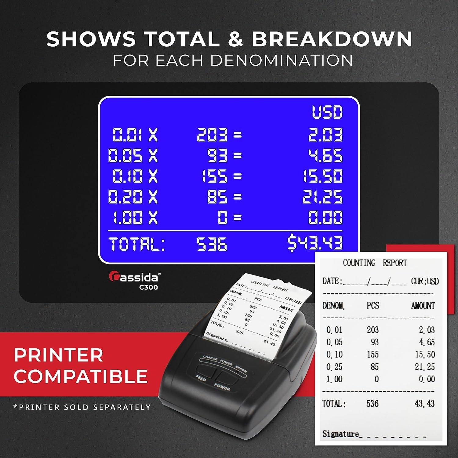 C300 USD Coin Counter with Printing Capabilities