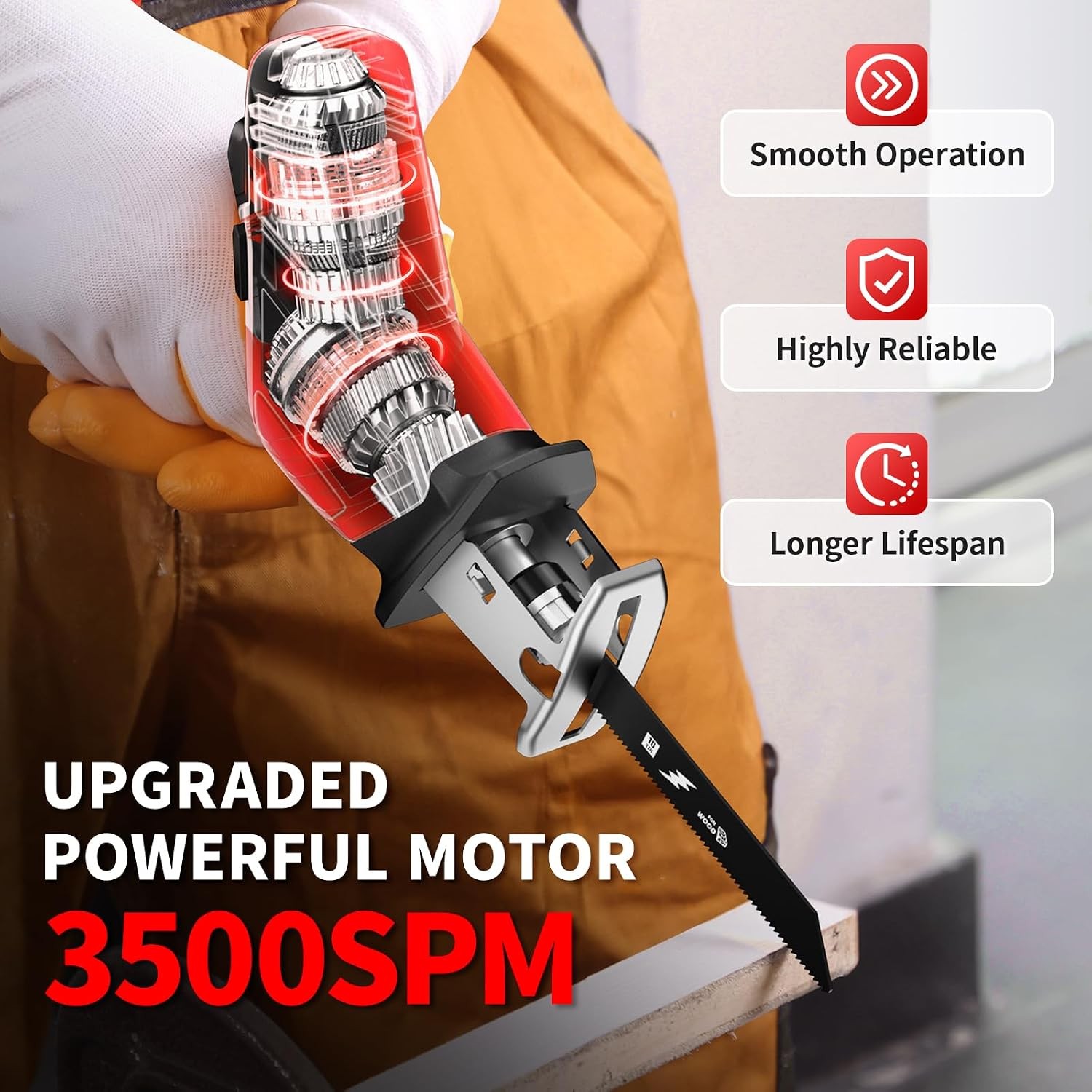 Cordless Reciprocating Saw, 0-3500SPM, 4 Blades, Tool-Free, Wood/Metal