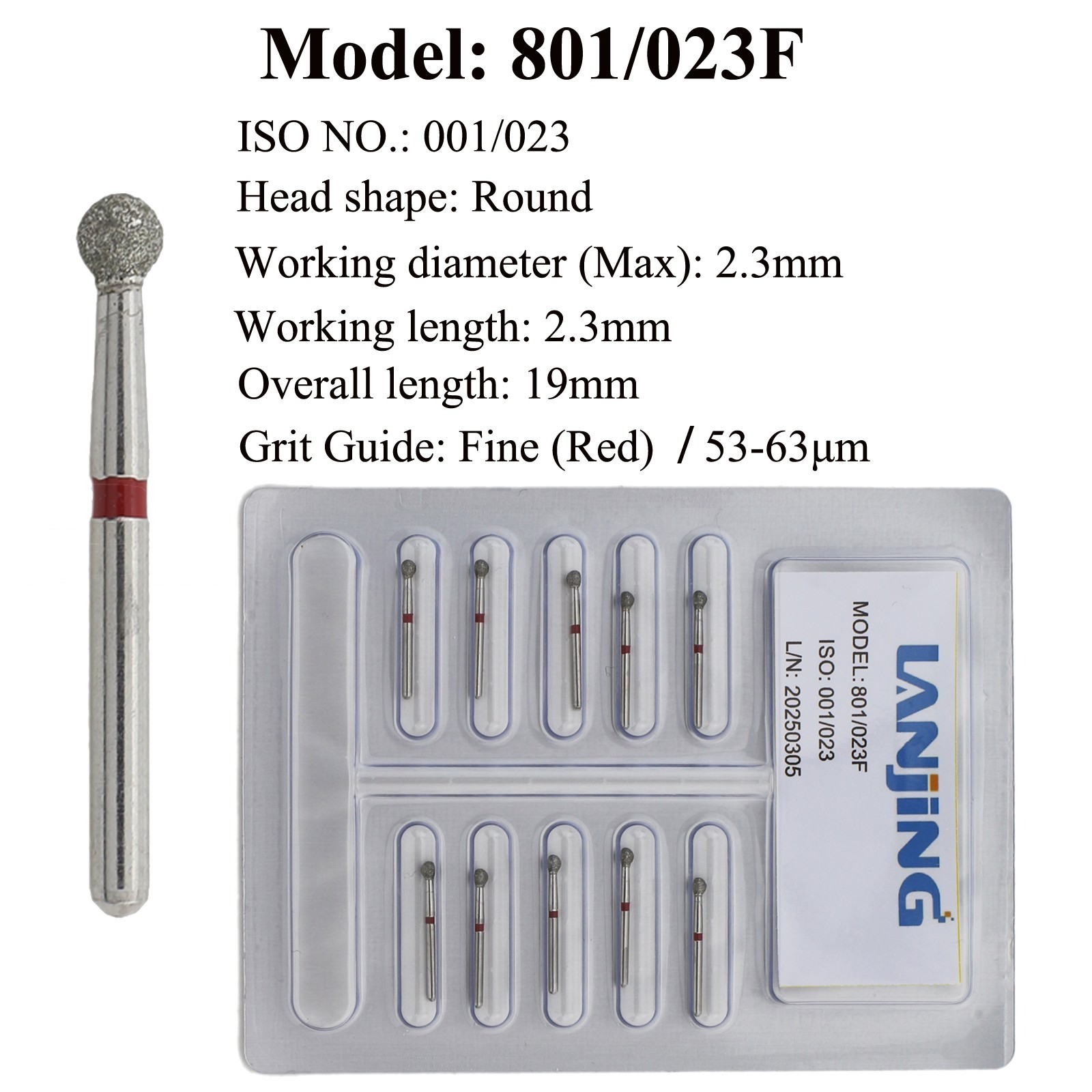 Dental Fine Diamond Bur Round 801/023F FG Burs Ball BR High Speed Burr 10/PK