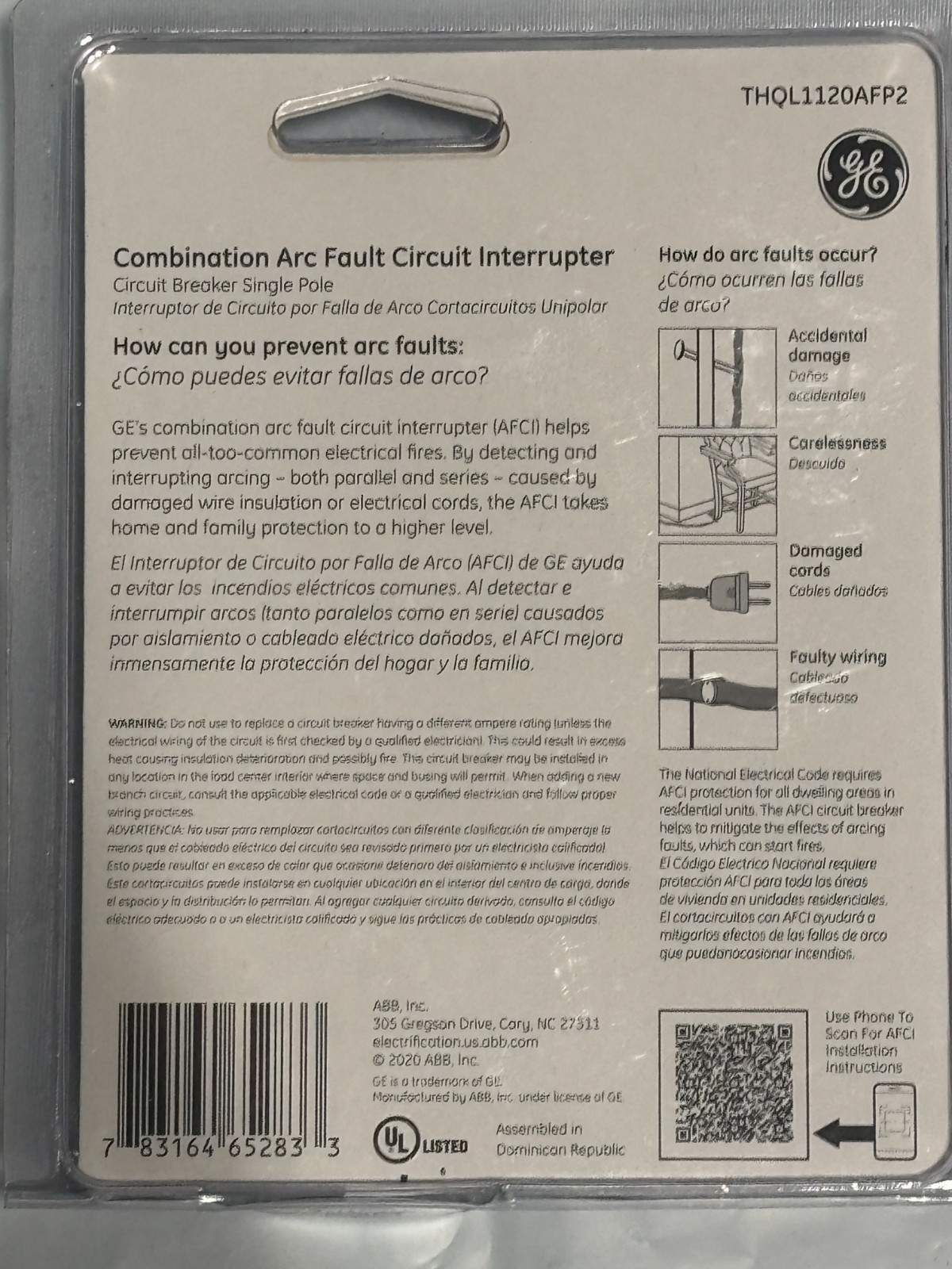GE THQL1120AFP2 20A AFCI Single Pole Arc Fault Combo Circuit Breaker ABB