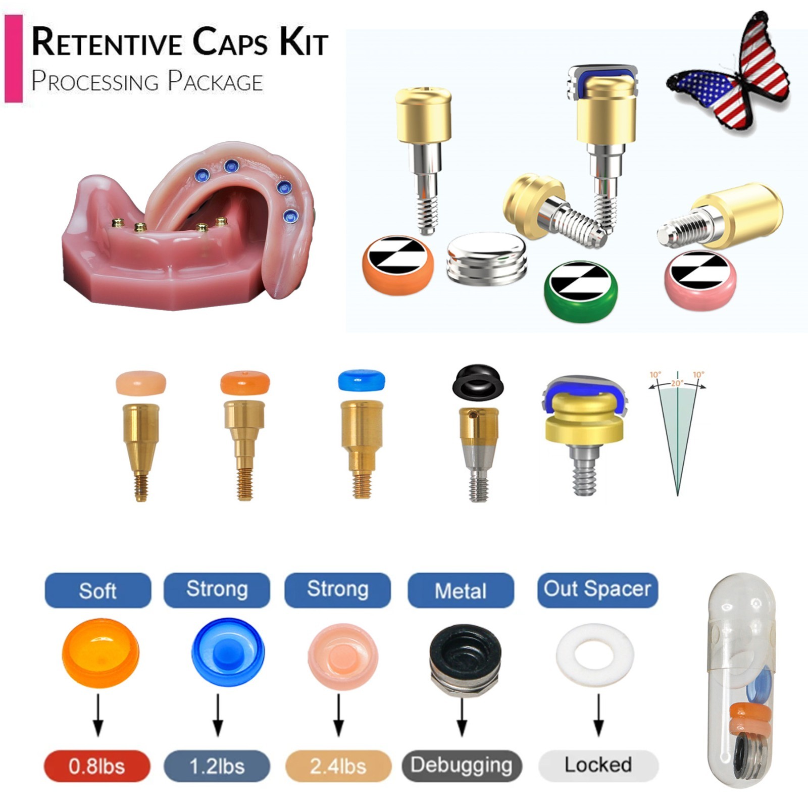US Locator Overdenture Male Caps PEEK Retention Inserts Lab Housing 20pcs/set