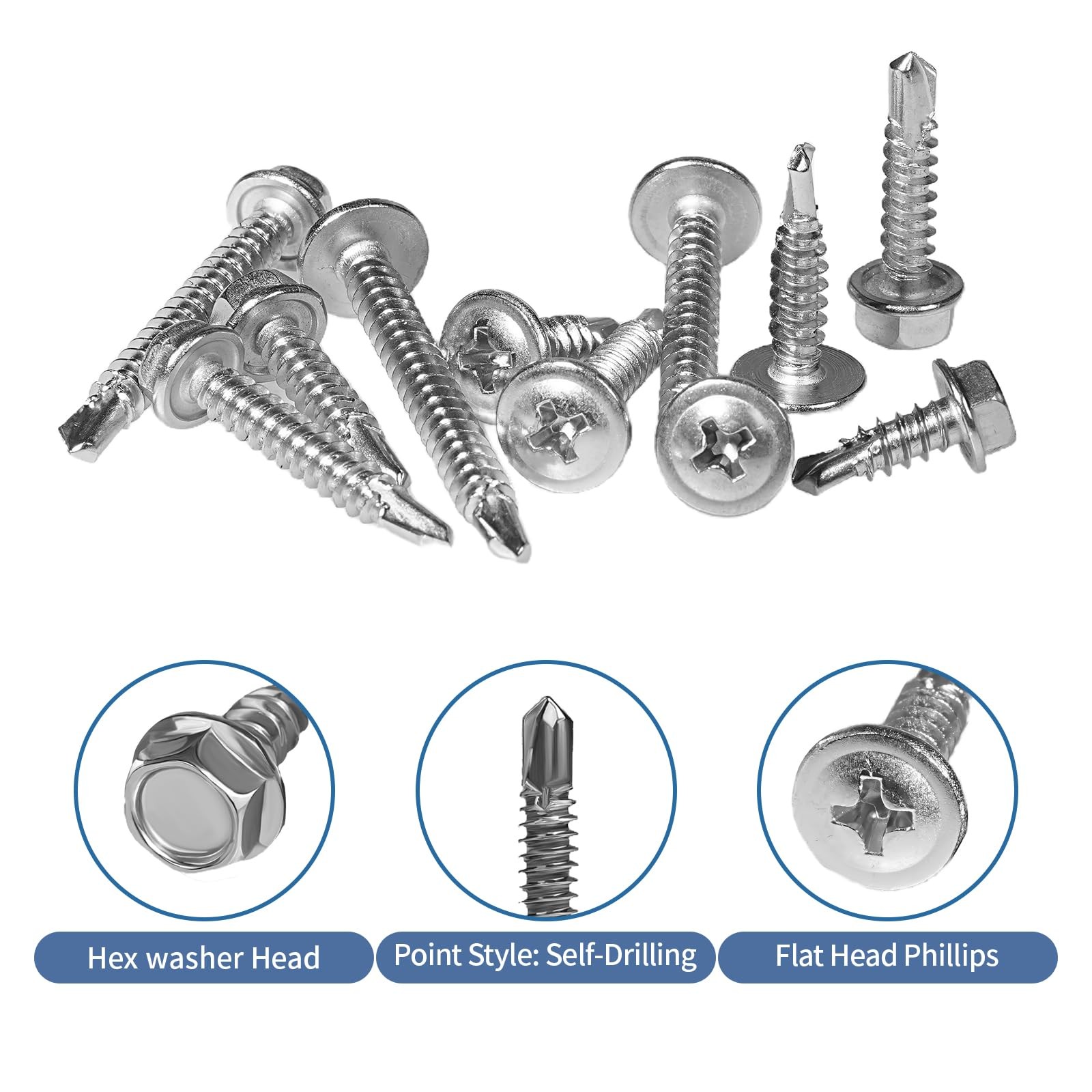 Phillips/Hex Head Washer Head Self Drilling Sheet Metal Tek Screws 410 Stainless