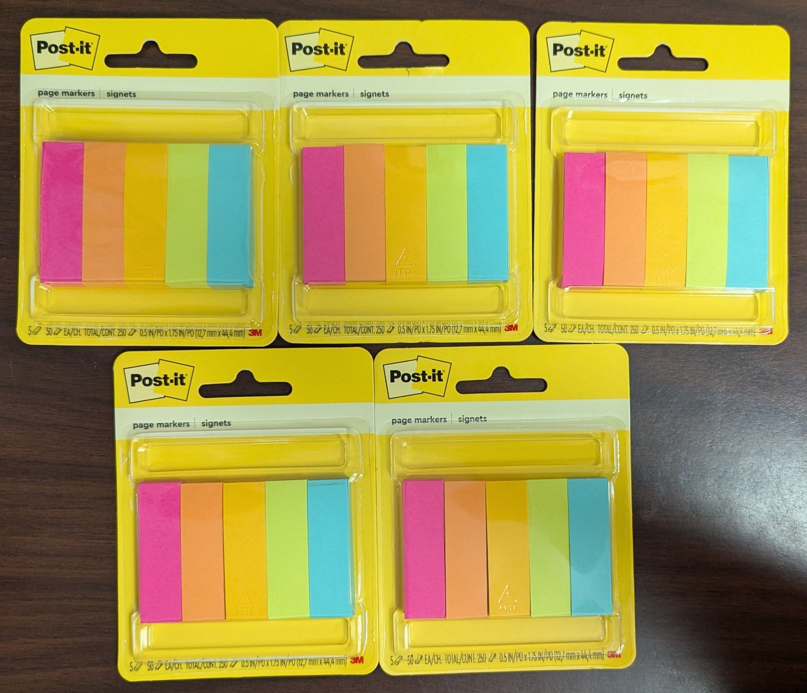 LOT OF 5 – POST-IT 250ct PAGE MARKERS 05.”x 1.75″ EACH = 1250 PAGE MARKERS TTL