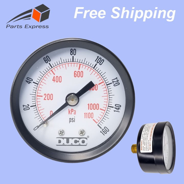 DUCO® 2.0″ PRESSURE GAUGE, STEEL CASE, GLASS WINDOW, 1/8″ NPT (0-160 psi), BACK