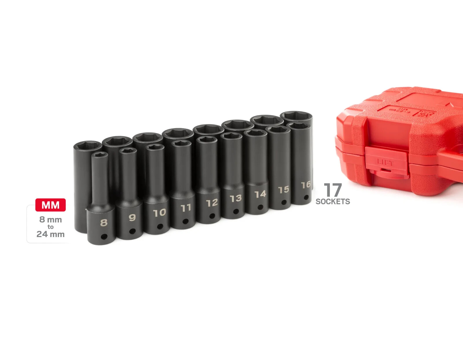 Tekton 1/2 Inch Drive Deep 6-Point Impact Socket Set, 17 Piece (8-24 Mm)