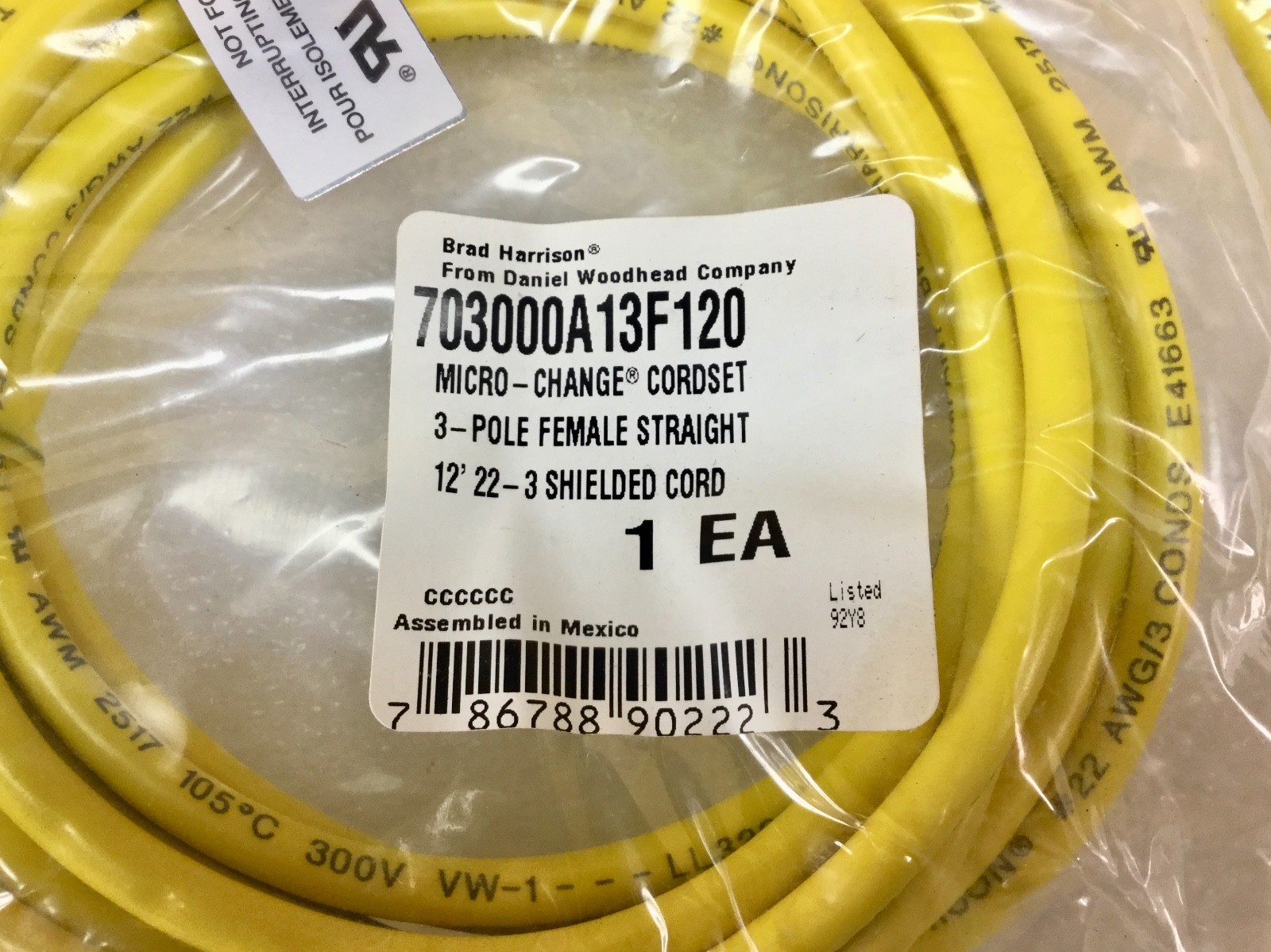 BRAD HARRISON 703000A13F120 22-3 CORDSET 3 POLE FEMALE 12′ [SET OF 4] NEW IN PKG