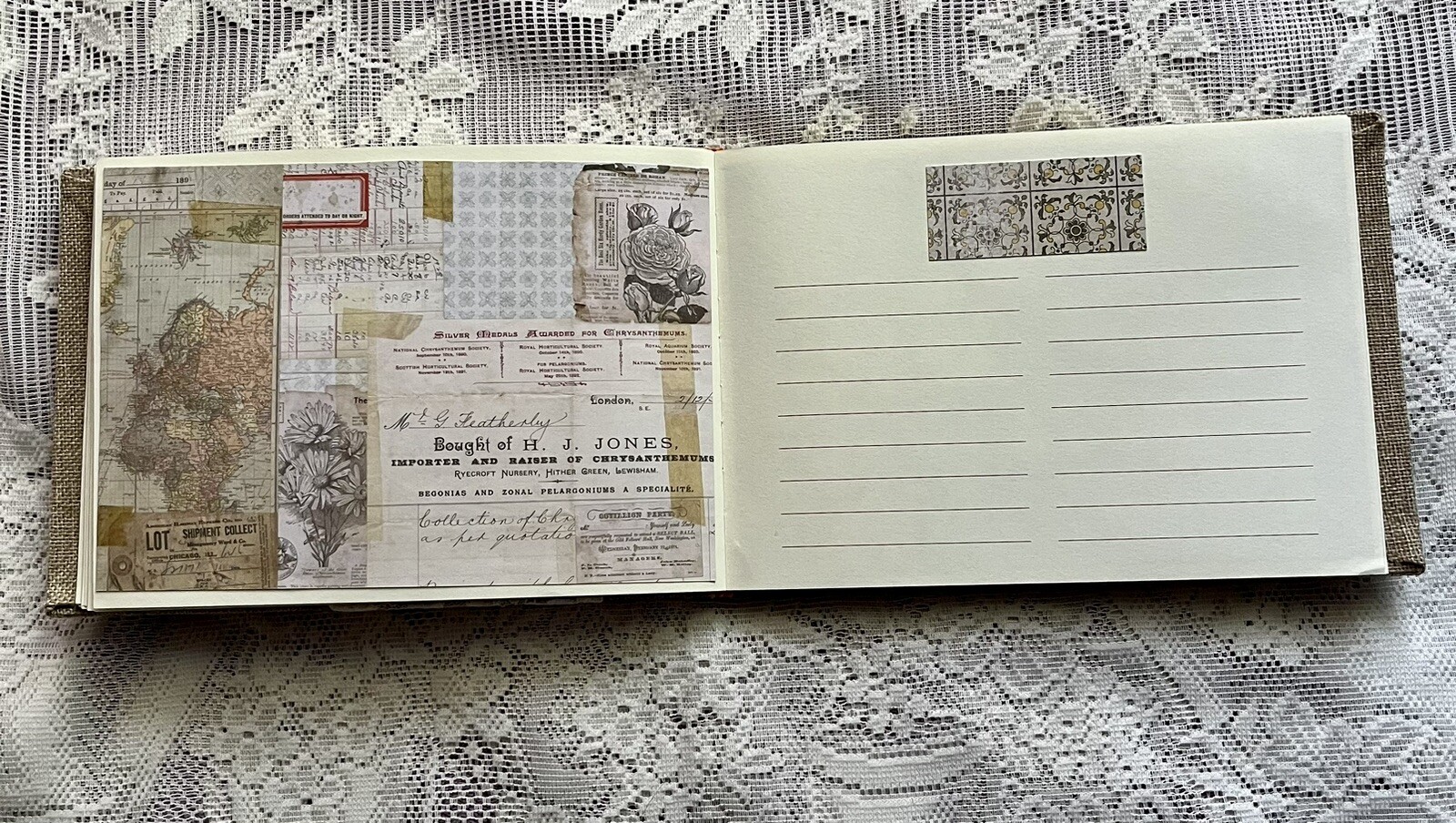 junk journal hand made canvas lace raffia bow 6 1/2 x 9 1/4 in. approx 80 pgs.