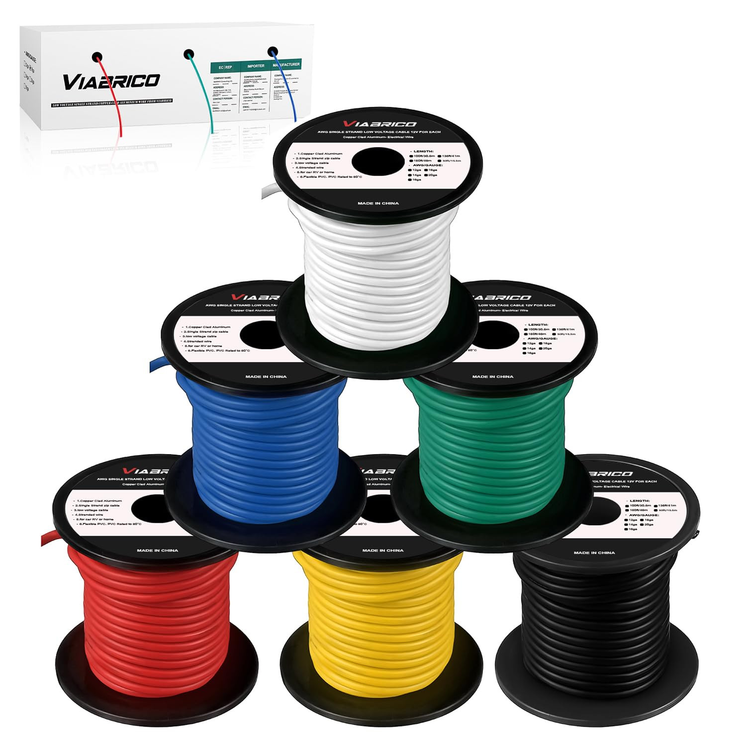 14 AWG Copper Clad Aluminum Hook-Up Wire 6 Colors 600FT 100FT Spools Low Voltage