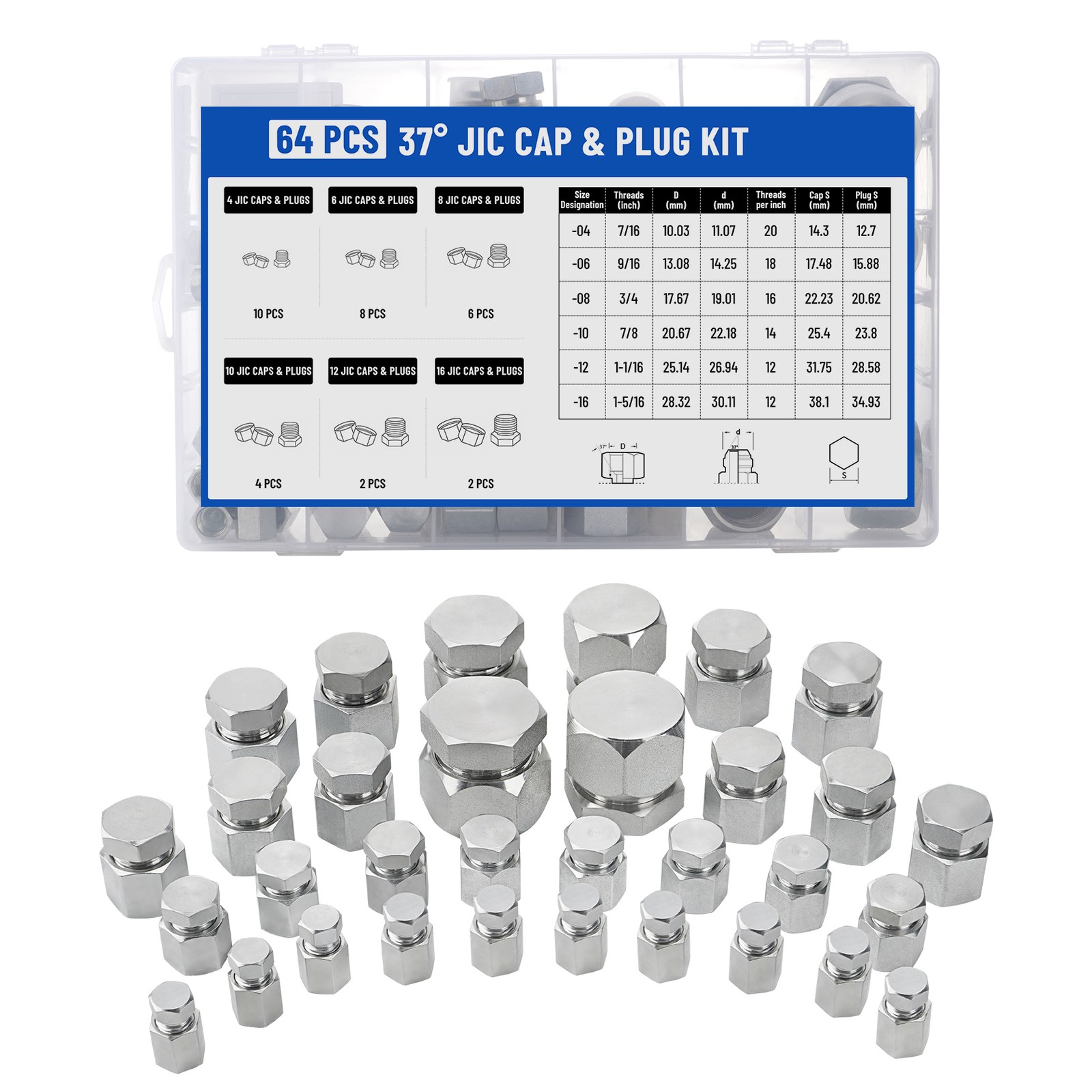 Hydraulic Hose Tube Pipe Fitting Kit 37 Degree JIC Flare Thread Cap and Plug Kit