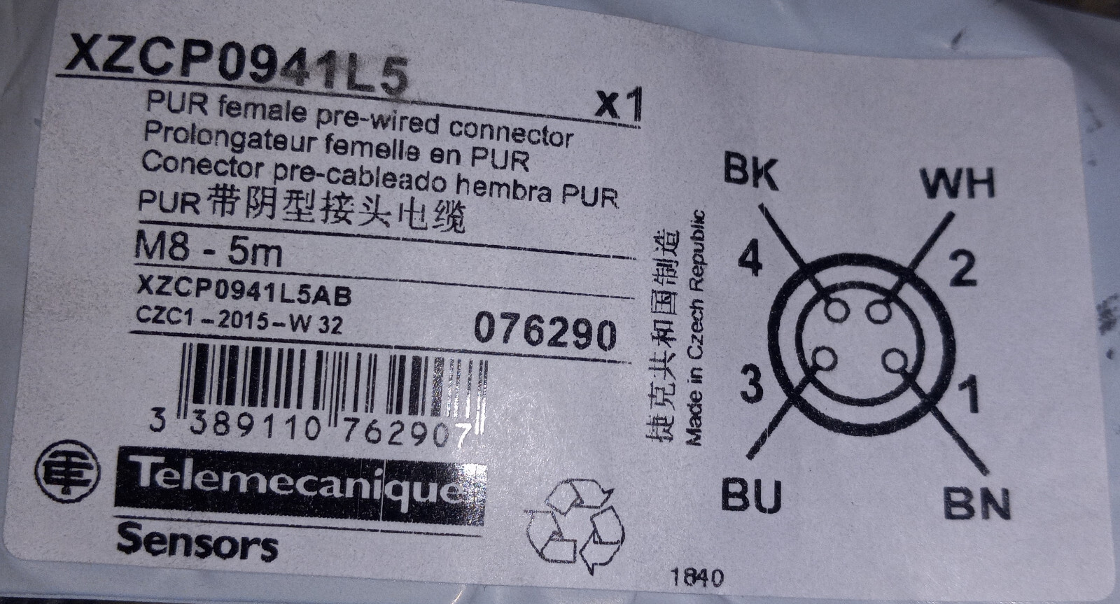 TELEMECANIQUE, Pre wired connectors, straight female, M8, 4 pins, cable 5m,
