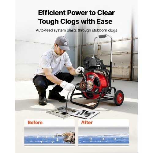 VEVOR Drain Cleaner Machine 100FT x 1/2Inch Auto Feed Sewer Auger & Multi Wheels